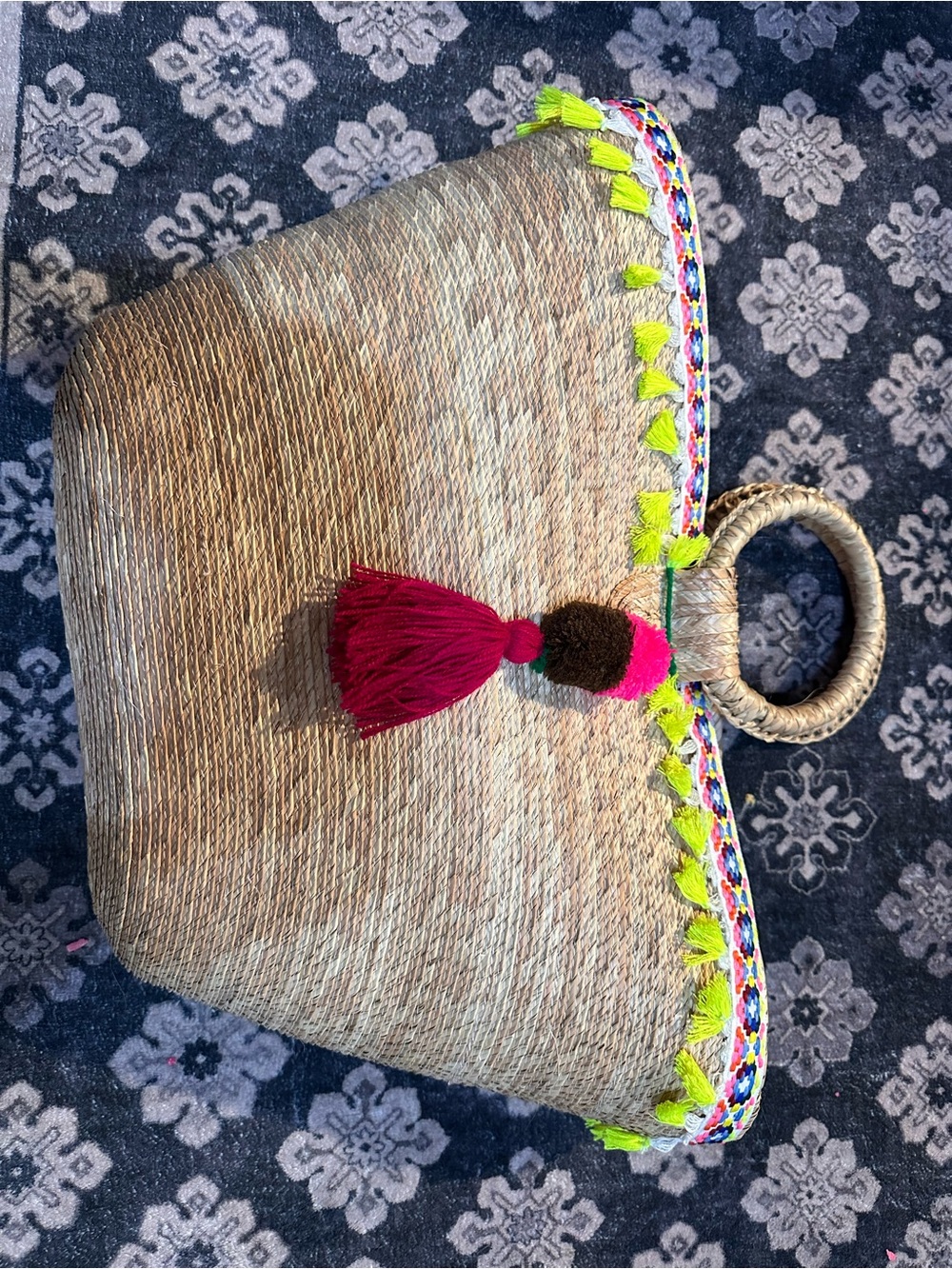 Woven Straw Tote with Neon Trim and Magenta Tassel and sun hat $15 for both
